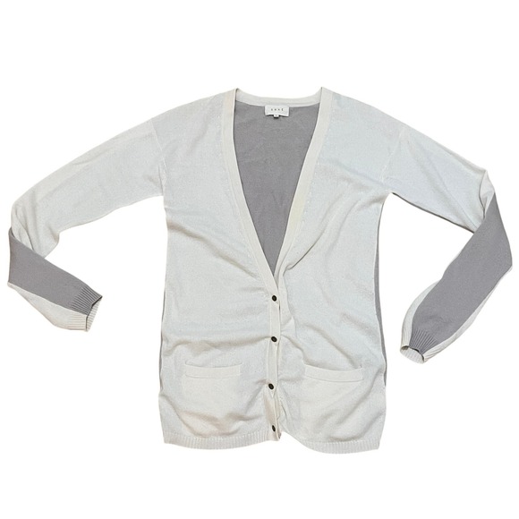SHAE Women's Medium Two Tone Cream & Gray 100% Cashmere V Neck Cardigan Sweater - Picture 1 of 6